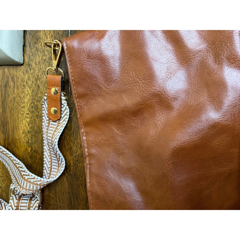 Cognac Brown Vegan Leather Crossbody Bag‎ with Woven Guitar Strap Boho Purse